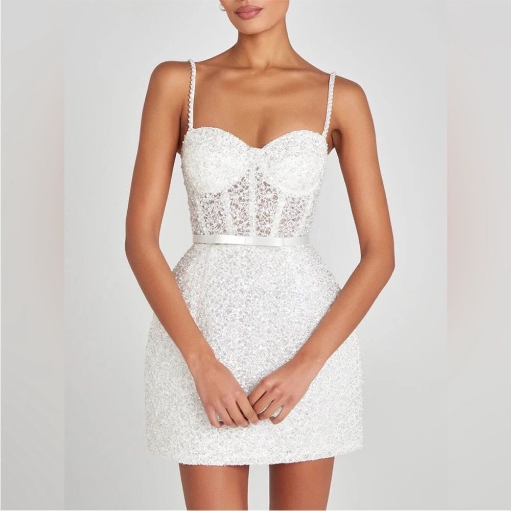 NADINE MERABI Women's White Alice Embellished Belted Cocktail Minidress A - Picture 4 of 8